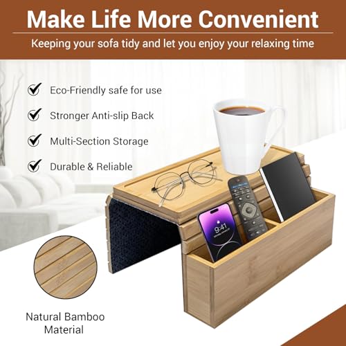Couch Arm Tray - Bamboo Couch Table Armrest with Side Storage Pockets - Anti-Slip Multifunctional Sofa Snack Organizer for Drinks, Phone, Remote, and More (Natural)