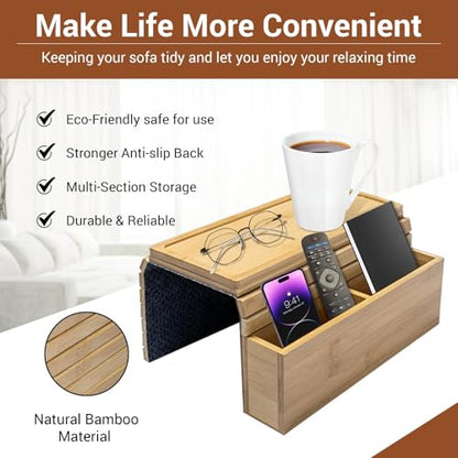 Couch Arm Tray - Bamboo Couch Table Armrest with Side Storage Pockets - Anti-Slip Multifunctional Sofa Snack Organizer for Drinks, Phone, Remote, and More (Natural)