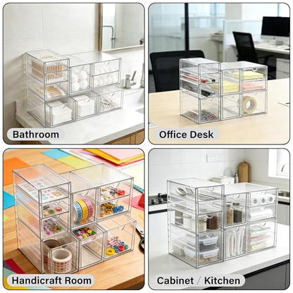 Prsildan Acrylic Drawer Makeup Organizer with 9 Drawers, Set of 3 Office Desk Organizers Accessories, Clear Stackable Storage Drawers for Vanity, Countertop, Craft, Jewelry, Art Supply Organization - style: 9 Drawers