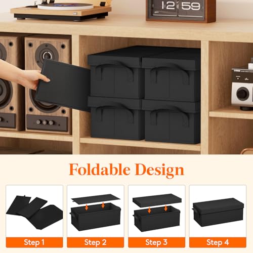 Lifewit DVD Storage Box, Stackable DVD Case Holder Organizer, Foldable DVDs Container with Lid, Handles, Media Organizer Bin 15.7" L x 7.9" W x 5.7" H Holds up to 100 PCS DVDs (25 Each), 4 Pack - size: For DVD(15.7"L x 7.9"W x 5.7"H)