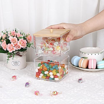 BTSKY Clear Stackable Paper Clip Holder with Bamboo Lid 2-Layer Paperclip Box Thick Acrylic Office Supply Accessory Organizer Square Small Storage Holder Cute Qtip Holder for Office Bathroom Vanity