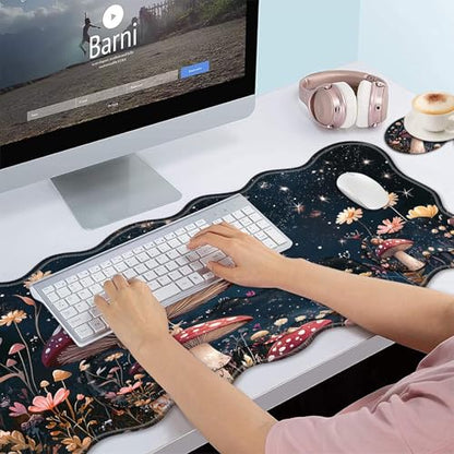 Bxgolkgd Desk Mat Set,Mouse Pad with Keyboard Wrist Rest & Mouse Wrist Rest,Wave-Shaped Design,Non-Slip Rubber Base,Ergonomic Desk Mat for Home,Office,Gaming,Mushrooms and Snails - color: Mushrooms and Snails