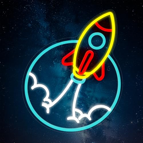 Rocket Neon Sign for Wall Decor LED Dimmable Space Neon Light | USB Powered Neon Rocket Light Space Themed Room Decor Gift for Kids and Space Lovers - color: Blue, White Rocket