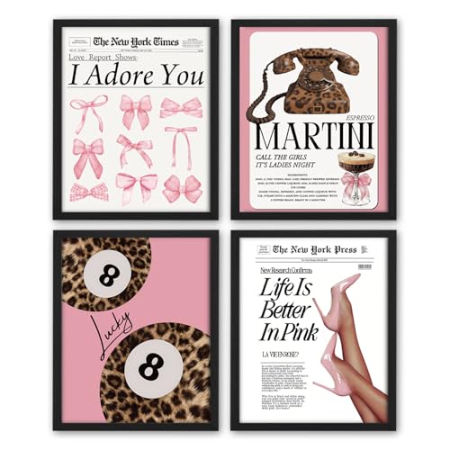 NaZaUK Trendy Pink Leopard Bar Wall Art Prints Set of 4, Funky Retro Pink Coquette Bow Cheetah Lucky 8 Ball Martini Wall Art Posters for Home Bar Cart Room Bedroom Decor, 8x10 Unframed - color: leopard8