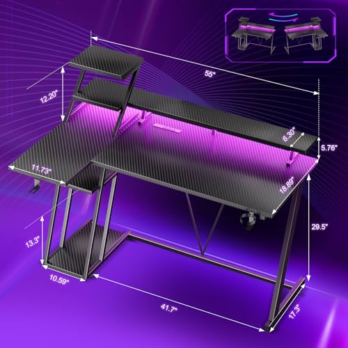 Korfile 55 Inch Black Gaming Desk with LED Lights & Power Outlet, Gaming Computer Desk with Storage Shelves, L Shaped Gamer Workstations with Monitor Stand for Bedroom - size: 55 Inches