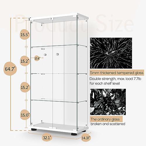 Display Cabinet with Glass Door and Lock, 4-Shelf Fast Installation in 30 Mins Curio Cabinets with 5mm Tempered Glass Floor Standing Bookshelf for Bedroom, Living Room (65'' x32'' x14'', White) - color: 2-door 4-shelf, White