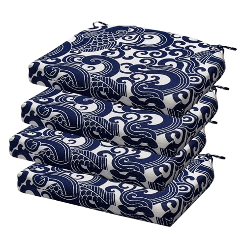 Outdoor Chair Cushions Set of 4, 17 x 16 Inch Patio Chair Cushions, Water Resistant, Non-Slip Ties (Blue Carp) - color: 4 - Blue Carp, size: 17x16x2|4 Pack