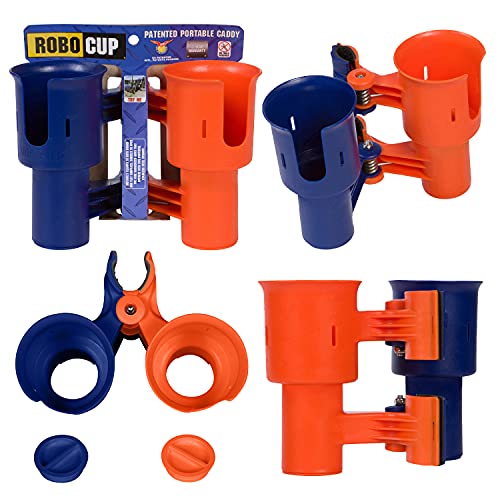 ROBOCUP, (Navy & Orange), Patented Clamp On Boat Cup Holder |Multifunction Dual Drink Caddy for Fishing Poles, Tools, Net, Gaff |Portable Storage for Boating, Beach, Umbrellas, Golf Carts, Strollers - color: Navy & Orange, size: Standard Spring