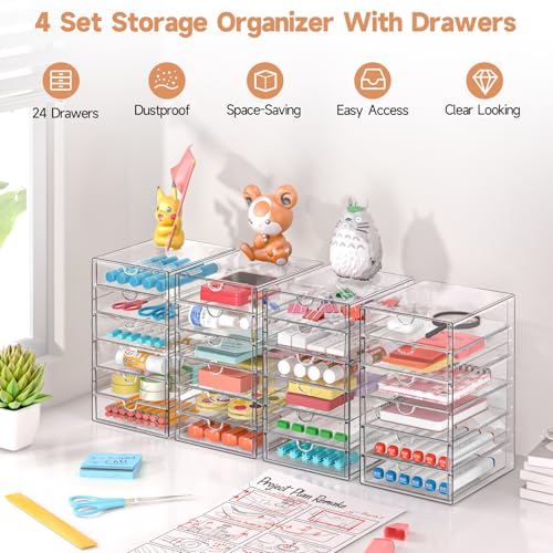 Makeup Drawer Storage Organizer with 24 Drawers, 4 Set Acrylic Office Desk Organization and Storage, Dustproof Drawer Organizer for Makeup, Office, Countertop, Jewelry, Pen, Desktop, Bathroom, Bedroom - size: 24 Drawers