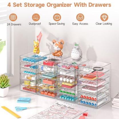 Makeup Drawer Storage Organizer with 24 Drawers, 4 Set Acrylic Office Desk Organization and Storage, Dustproof Drawer Organizer for Makeup, Office, Countertop, Jewelry, Pen, Desktop, Bathroom, Bedroom - size: 24 Drawers