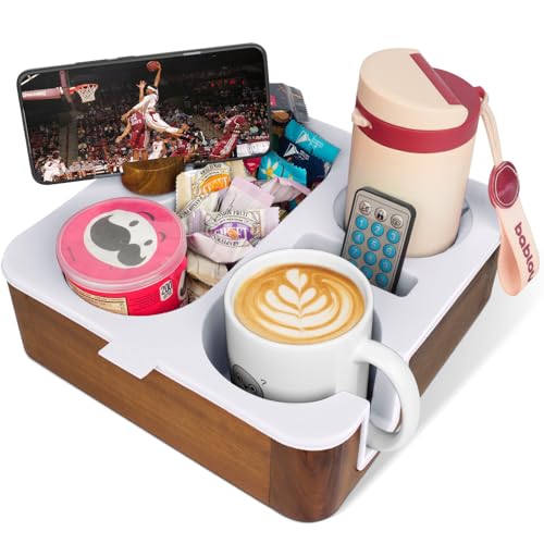 Couch Cup Holder Tray, Real Acacia Wooden Caddy with Soft Silicone, Snack and Drink Organizer- Perfect Movie Night Accessories for Bed, Remote and Cup Holders for Sofa (White) - color: White