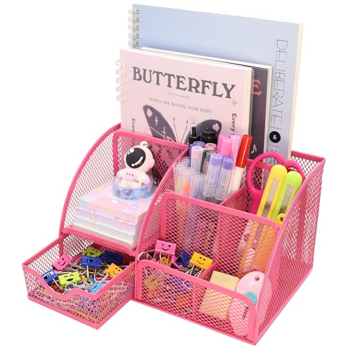 Boutilon Mesh Desk Organizer Desktop Office Supplies Stationary Organizer with 6 Compartments and 1 Drawer Multi-Functional Caddy Pen Holder for Home Office School Desk Decor(Rose Red) - color: Rose Red