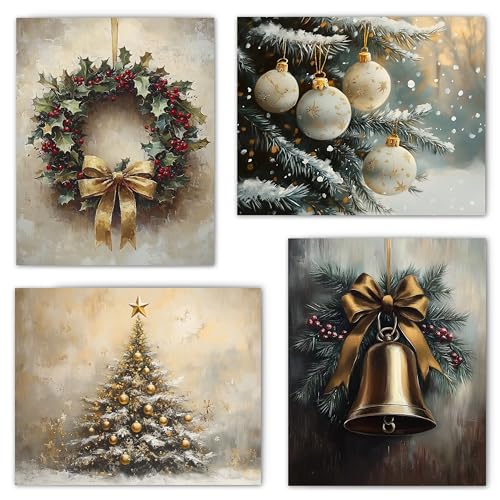 FITIE Rustic Christmas Tree Wreath Wall Art Posters Set of 4, Farmhouse Christmas Decor, Vintage Gold Bow Ball Bell Ornament Winter Canvas Prints Artwork Wall Decor for Bedroom Home, 8x10 Unframed - color: Color-Nature Landscape 17