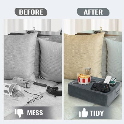 Cup Pillow Holder for Couch – Cup Glass Cozy Pillow | Bed Couch Cup Holder with SS Food Container for Pasta, Fruit, Snacks, Remote | Sofa Drink Buddy for Car, RV, Living Room, Picnic, Camping (Grey)