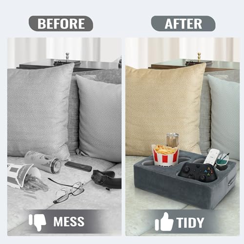 Cup Pillow Holder for Couch – Cup Glass Cozy Pillow | Bed Couch Cup Holder with SS Food Container for Pasta, Fruit, Snacks, Remote | Sofa Drink Buddy for Car, RV, Living Room, Picnic, Camping (Grey)