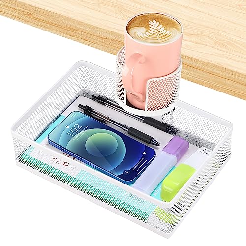 ROSYLINE 360°rotation under desk drawer, Drawer Under Desk Storage Organizer, Rotary Desk Storage Organizer with Cup Holder, Under Desk Storage, Clamp Drawer Basket, sturdy and durable (White) - color: White