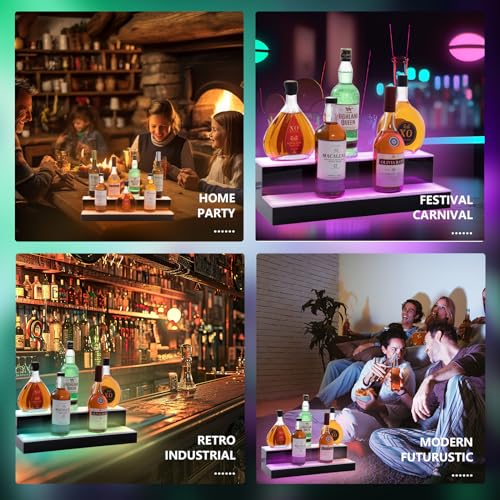 Led Lighted Liquor Bottle Display Shelf, 20 Inch 2 Tier Whiskey Rack, Support USB, Bar Stand with RF Remote & App Control, Illuminated Acrylic Lighting Shelves for Home Bar, Party - size: 20" 2 step
