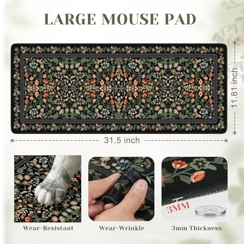 iCasso Aesthetic Floral Desk Mat, L Mouse Pads, Anti-Slip Retro Mousepad with Stitched Edges, Waterproof Computer Pad 11.8"x31.5",Desk Accessories Office Decor for Women(Black) - color: Black, size: 31.5L x 11.8W inches