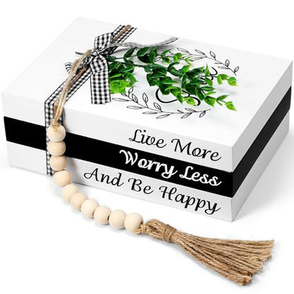 Capoda 3 Pcs Decorative Books for Home Decor Farmhouse Faux Stacked Books Wooden Rustic Table Decor with Bead Garland Twine Ribbon Faux Leaf for Table (Smile) - style: Smile