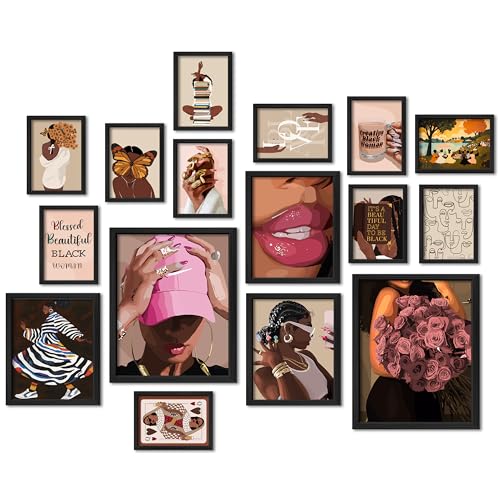 ANERZA 16 PCS Framed Black Girl Wall Art Decor, African American Wall Prints for Bedroom, Black Woman Gallery Wall Frame Set, Black People Posters for Living Room Aesthetic, Collage Kit, Dorm Artwork - color: Coffee, size: 12"x15" Framed
