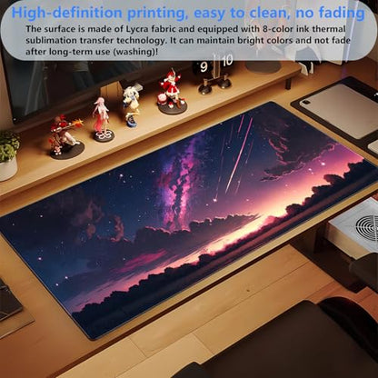 Anime Galaxy Desk Mat, Large Gaming Mouse Pad 31.5x15.7x0.12 in for Gamer | Thick 3mm comfort desk pad with vibrant anime starry night print, smooth fabric surface, and non-slip rubber backing. - color: Purple-sky