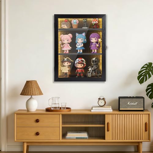 Challenge Coin Display Case with Lights Medals Collectible Figures Display Box with Led Lighting Cabinet Clear Acrylic Holder Shadow Box Wall Mounted Rack Shelf Storage Box for Bobble Heads Black