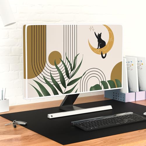 Boho Moon Cat Waterproof Television Cover 32 Inch Bohemian Green Plants Striped TV Dust Cover Antistatic Television Covers Dustproof TV Screen Covers for Television LED LCD OLED - color: green and yellow, size: 32 Inch