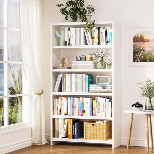 5 Tiers Metal White Bookshelf - 69.3" Tall Bookcase, Display Storage Shelves with Bookend, Heavy Duty Steel Bookshelves for Living Room, Bedroom, Study (White) - color: White-5 Tier