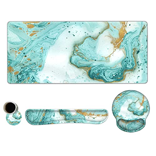 ARTSO Large Mouse Pad Set, Ergonomic Keyboard Wrist Rest Support, Memory Foam Gel Extended Non-Slip Desk Blotter Pad for Office, Home, Teal Turqoise Marble - color: Teal Turqoise Marble