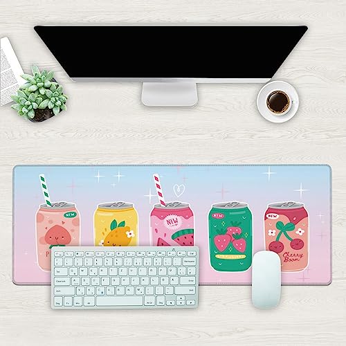 Desk Mat, Kawaii Fruit Flavors Sparkling Soda Drink Extended Gaming Mouse Pad Large, 31.5"x11.8" Big Mouse Pad with Non-Slip Base and Stitched Edge, Long Computer Keyboard Mouse Mat for Home Office - color: Kawaii Fruit Flavors Sparkling Soda Drink, size: