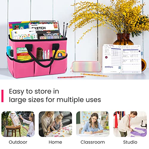Desktop Tote and Organizer, Teacher Helper Caddy Bag for Arts, Books, Stationery, Office Desk Organization, Make-up Storage with Handles for Travel, Pink - color: Pink
