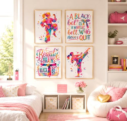 Inspirational Watercolor Karate Girl Athlete with Empowering Motivational Quote Art Print Set for Girl's Bedroom Empowerment, Playroom Energy Boost, Locker Team Spirit, Young Karateka Surprises, Aspiring Black Belt Tokens, Team Captain Honors, Coach Gifts