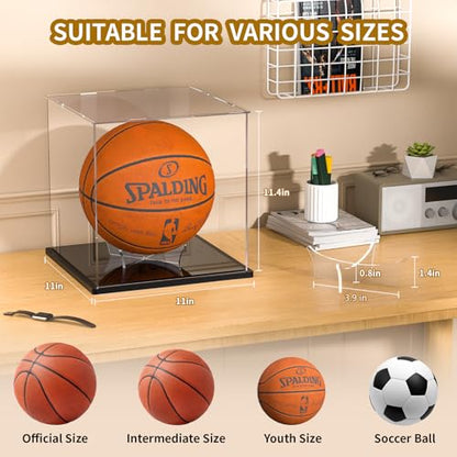 Basketball Display Case, Clear Acrylic Full Size Basketball Case Display, Assemble Soccer Ball Showcase, Sports Memorabilia Protector for Volleyball with Ball Stand - size: 11 x 11 x 11.4 inch