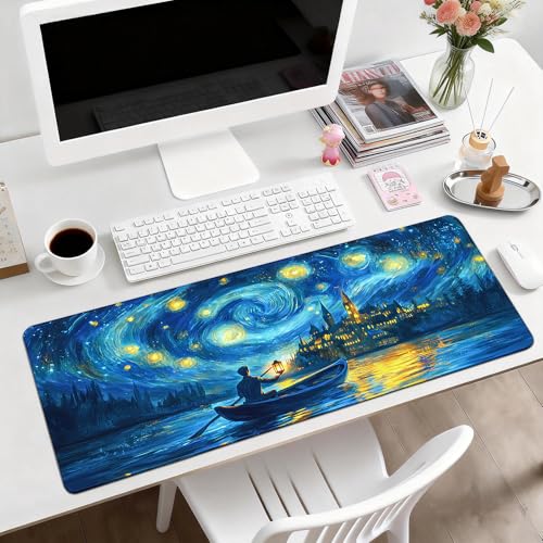 Gaming Desk Mat with Silky Smooth Surface & Exquisite Patterns,31.5x11.8 Inches Large-Sized Mouse Pad, Perfect for Extended Gaming,Work,and Home Office Decor (Van Gogh Oil Painting 1) - color: Van Gogh Oil Painting 1
