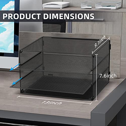 DALTACK 3 Tier Letter Tray Paper Organizer for Desk, Mesh Metal Desk File Organizer with Sliding Trays for Letter/A4 Paper, Mail, Bills & Folders, Black - color: Black