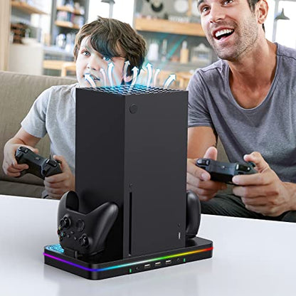 Cooling Fan Charging Stand for Xbox Series X/S Console, Vertical Dual Controller Charger Station Accessories with 2 X 1100mAh Rechargeable Battery, Fast Charging Station with 3 USB Ports&Headset Stand - size: Cooling Charging Stand + Battery Packs