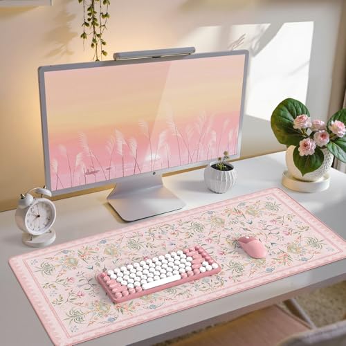 iCasso Pink Desk Cover Mat,Big Mouse Pad for Laptop,Aesthetic Computer Pad with Stitched Edges,Non Slip Keyboard Mat for Desktop,Cute Floral Desk Protector for Office Home Dorm - color: Palace Flowers-pink