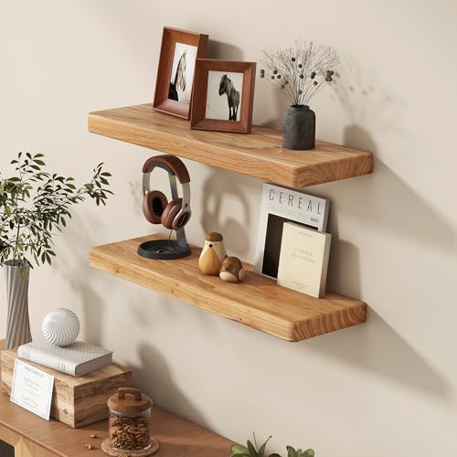 Fun Memories 24 Inch Floating Shelves, Solid Elm Wood Wall Shelf for Home Decor, Rustic Bathroom Shelves Set of 2, Heavy-Duty Storage Shelf for Kitchen, Bedroom, Living Room - color: Usa-sourced Elm Wood, size: 24"W x 6.7"D