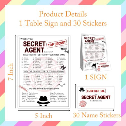 What's Your Secret Agent Name Game Card Set, Spy Codename Generator Game Card, Secret Agent Birthday Party Game Cards, 1 Agent Name Sign, 30 Spy Names Sticker, Birthday Party Decor for Boys Girls - style: Secret Agent