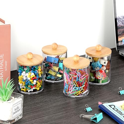 BTSKY 4 Pack PaperClip Holders with Bamboo Lid, Round Binder Holder for Desk, Clear Paper Clip Dispenser Small Office Supply Accessory Organizer Qtip Holder for Office Bathroom Vanity, Clear