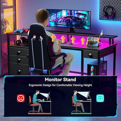 Furologee 60" Black Computer Desk with 4 Drawers and Printer Space, Gaming Desk with LED Lights and USB Power Outlets, Home Office Desk with Fabric File Cabinet,Study Work Table with Shelf for Bedroom - color: Black