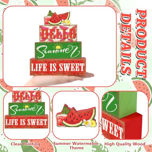 Britimes 4 Pcs Summer Wooden Tiered Tray Decor Set, Sweet Watermelon Table Decor Life is Sweet Farmhouse Rustic Wooden Coffee Table Centerpieces for Home Kitchen Office Decorations (Watermelon Style) - style: Watermelon