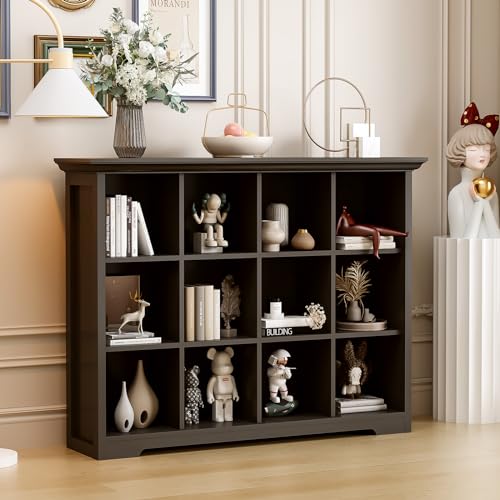 OSCHF Cube Storage Bookcase with Base - Wooden 3 Tiers Floor Standing Open Shelf Cabinet for Home and Office, 12-Cube Lattice Bookshelf, Black - color: Black, size: 12-Cube