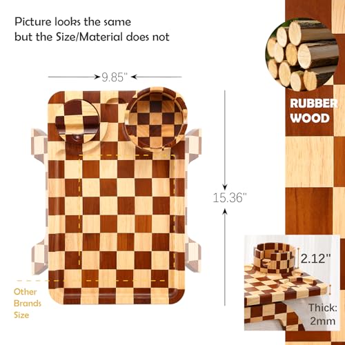 Nnewvante Couch Armrest Tray,3 in 1 Large 15.36"x9.85" Rubberwood Sofa Arm Cup Holder Clip on Side Table with 360°Rotated Phone/Drink Holder - color: Checkered