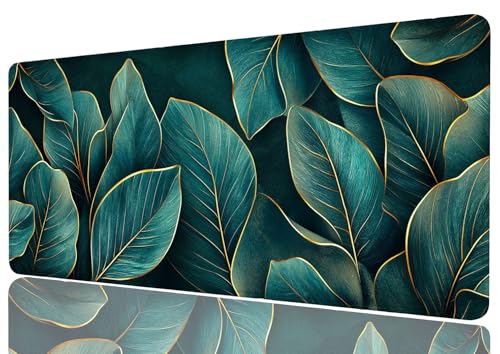 Leaf Desk Mat Teal Gold Tropical Botanical Abstract Luxury Mousepad XL Large Gaming Mouse Pad Laptop Keyboard Mat Desk Pad Ideal for Office, Home, or Remote Work 31.5x11.8 Inch - color: Leaf