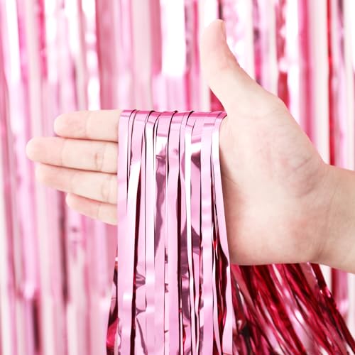 Voircoloria 3 Pack 3.3 x 8.2 ft Light Pink Foil Fringe Backdrop Curtains, Tinsel Streamers Birthday Party Decorations, Fringe Backdrop for Graduation, Baby Shower, Gender Reveal, Disco Party - color: 01 Light Pink