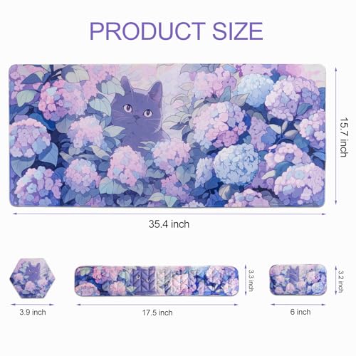 Petmolico Wrist Rest Set with Computer Keyboard Desk Pad,Mouse Wrist Rest,Keyboard Typing Wrist Pad and Cup Coasters,Ergonomic Design for Typing Pain Relief[Blue Flower&Cat] - color: Blue