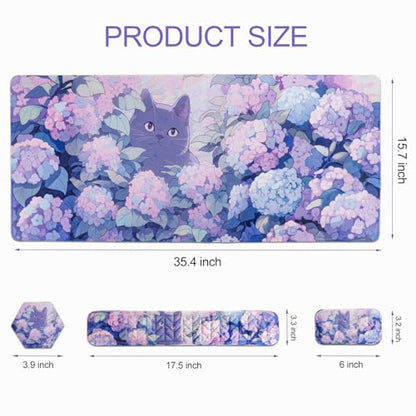 Petmolico Wrist Rest Set with Computer Keyboard Desk Pad,Mouse Wrist Rest,Keyboard Typing Wrist Pad and Cup Coasters,Ergonomic Design for Typing Pain Relief[Blue Flower&Cat] - color: Blue