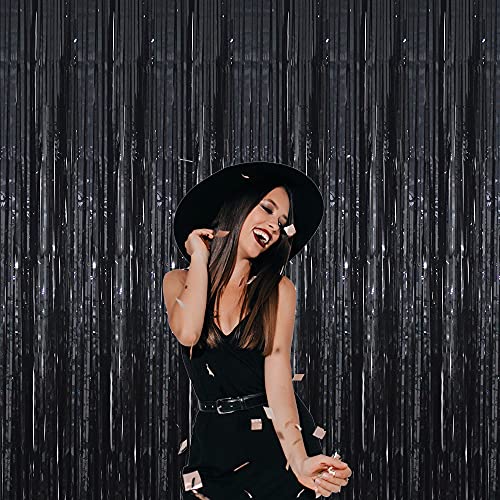 GOER 3.2 ft x 9.8 ft Black Photo Backdrop Party Streamers for Halloween,Birthday Party,1 Pack Black Metallic Tinsel Foil Fringe Curtains Party Decorations Wedding Decor - color: Black, size: 1 Pack