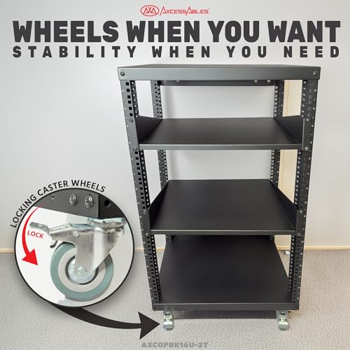 AxcessAbles 16U Open Frame Network & AV Rack with Caster Wheels, Two 2U Shelves, 10-32 & Cage Nut Compatible Rails, Cage Nuts, Screws, Cage Nut Tool & Wall Mount Kit | 19-Inch Equipment Rack - size: 16U - 2 Shelves